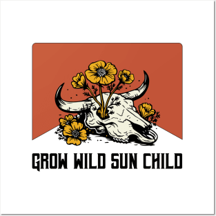 Grow Wild Sun Child Flower Cow Skull Posters and Art